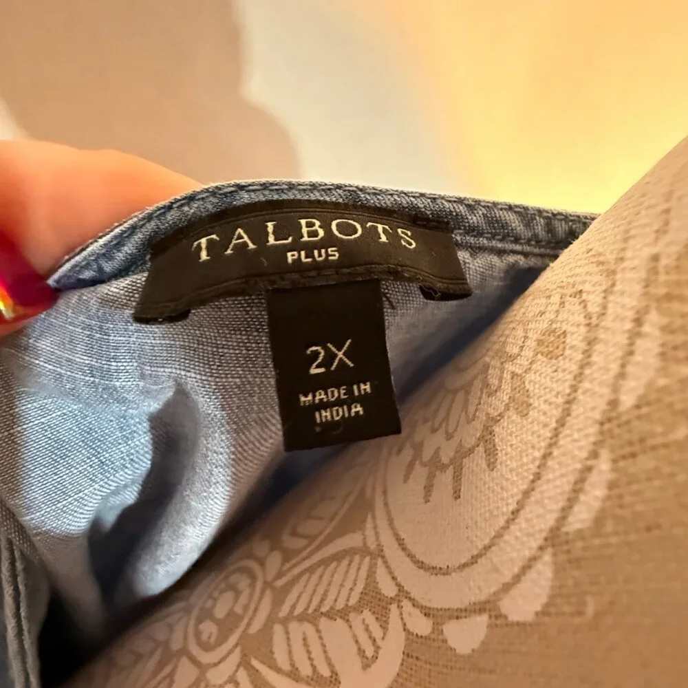 Talbots 2X Denim Chambray Tencel Tie Hem Button Top Plus Beachy Vacation Blse - Picture 4 of 5